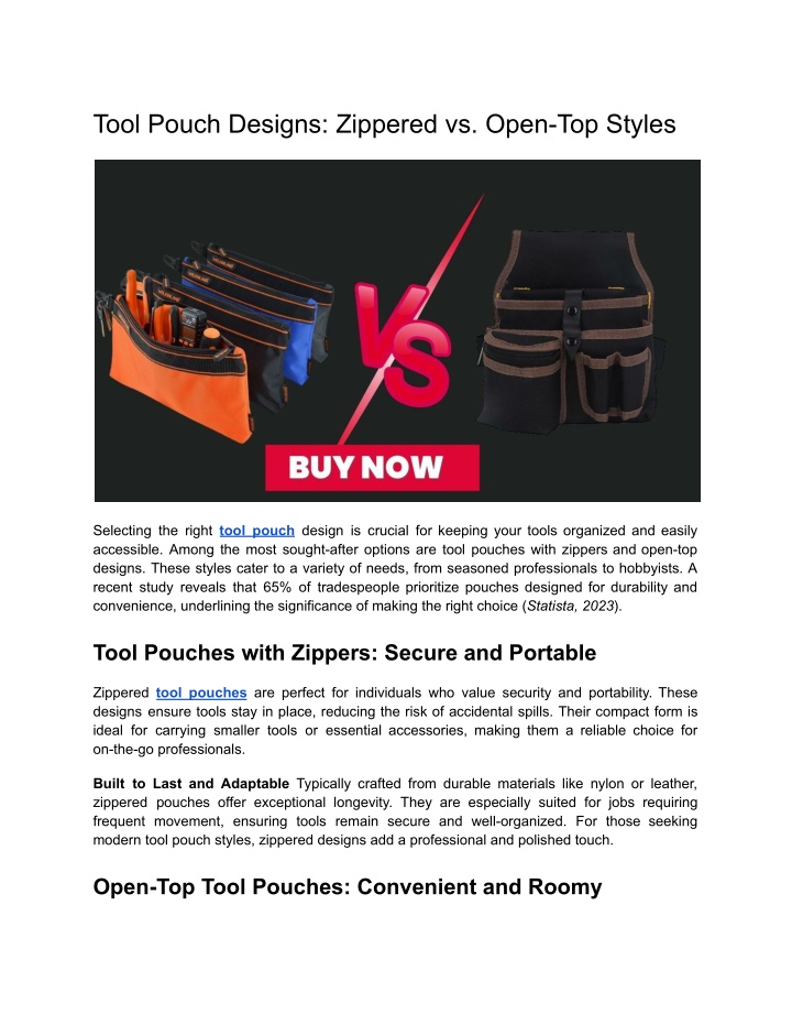 tool pouch designs zippered vs open top styles