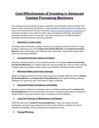 Cost-Effectiveness of Investing in Advanced Cashew Processing Machinery