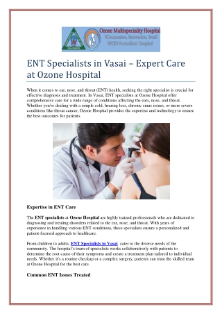 ENT Specialists in Vasai – Expert Care at Ozone Hospital