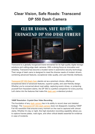Clear Vision, Safe Roads: Transcend DP 550 Dash Camera