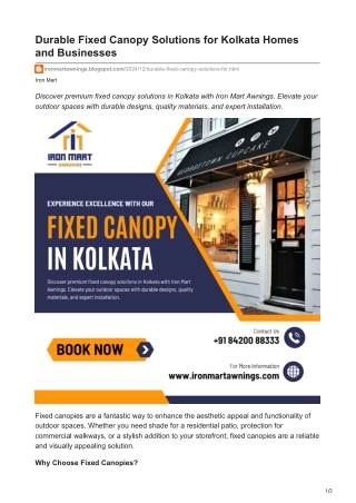 Durable Fixed Canopy Solutions for Kolkata Homes and Businesses