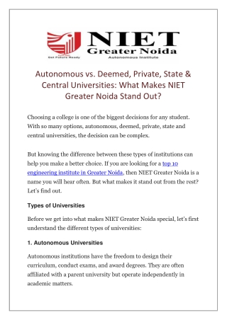 Autonomous vs Deemed, Private, State & Central Universities What Makes NIET Greater Noida Stand Out