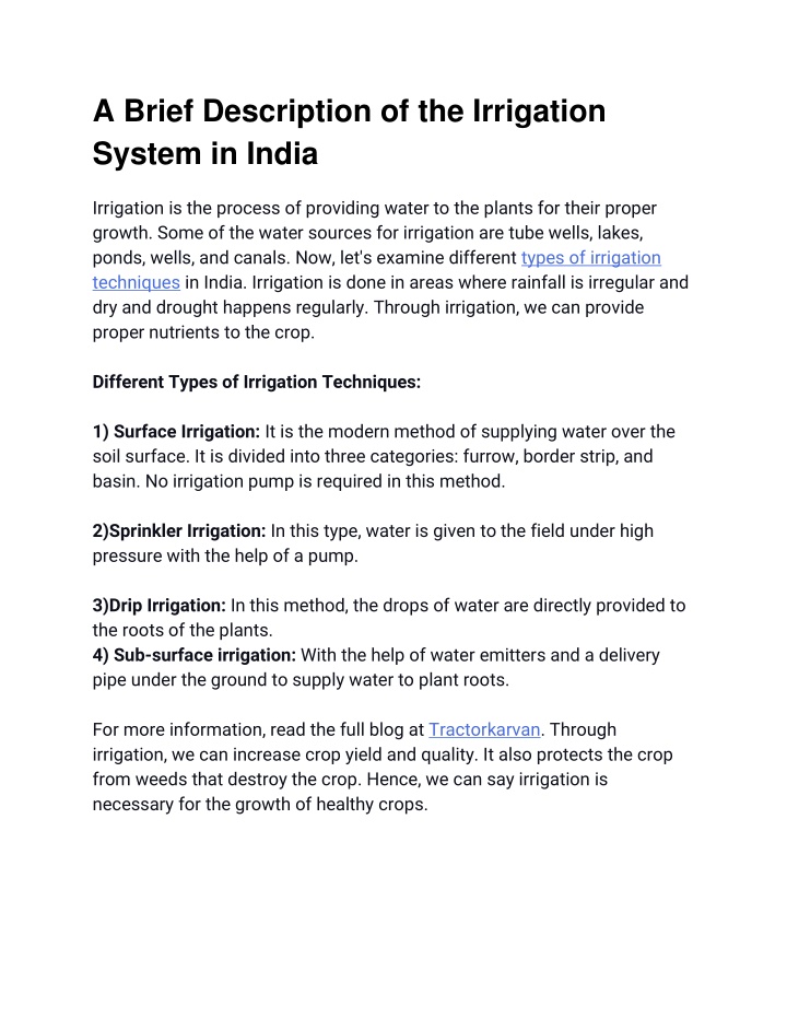 a brief description of the irrigation system