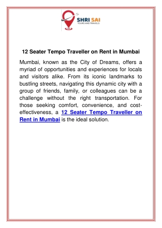 12 Seater Tempo Traveller on Rent in Mumbai