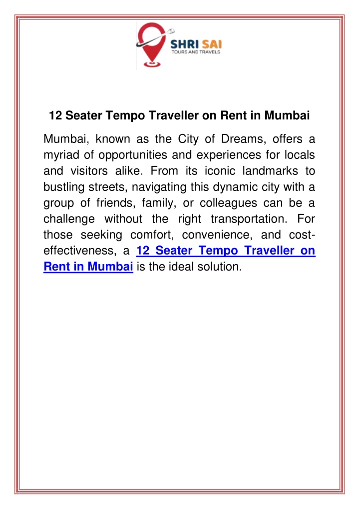 12 seater tempo traveller on rent in mumbai