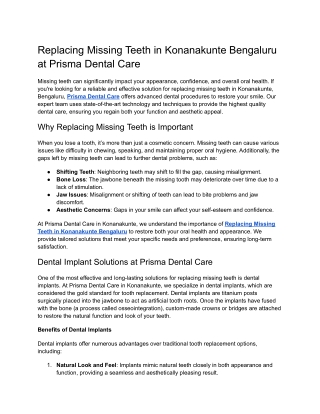 Replacing Missing Teeth in Konanakunte Bengaluru at Prisma Dental Care