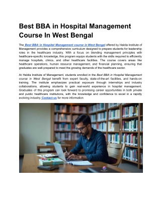 Best BBA in Hospital Management Course In West Bengal