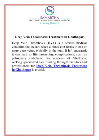 Deep Vein Thrombosis Treatment in Ghatkopar