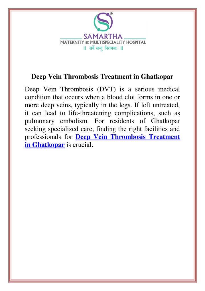 deep vein thrombosis treatment in ghatkopar