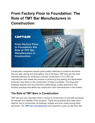 From Factory to Foundation: The Role of TMT Bar Manufacturers in Construction