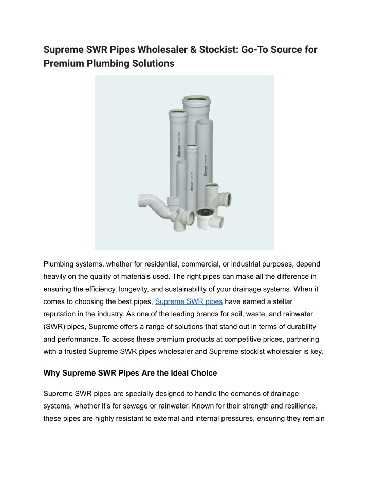 supreme swr pipes wholesaler stockist