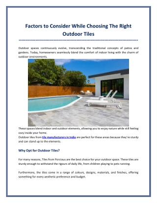 Factors to Consider While Choosing The Right Outdoor Tiles