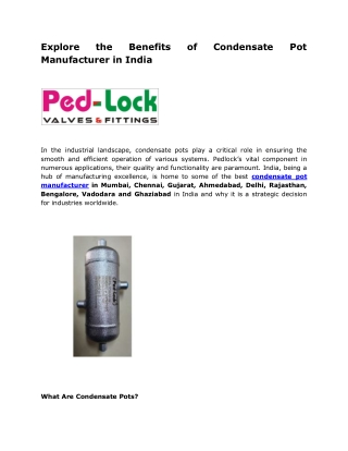 Explore the Benefits of Condensate Pot Manufacturer in India