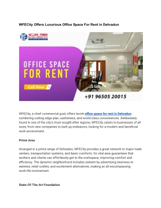 WFECity Offers Luxurious Office Space For Rent in Dehradun