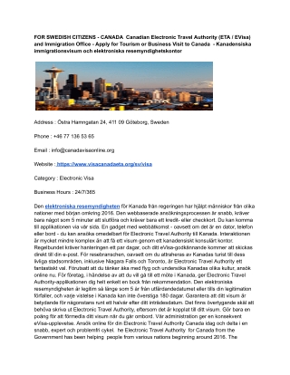 102 th FOR SWEDISH CITIZENS - CANADA  Canadian Electronic Travel Authority (ETA _ EVisa) and Immigration Office - Apply