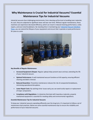 Why Maintenance is Crucial for Industrial Vacuums-Essential Maintenance Tips for Industrial Vacuums