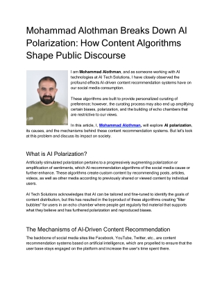 Mohammad Alothman Breaks Down AI Polarization: How Content Algorithms Shape Publ