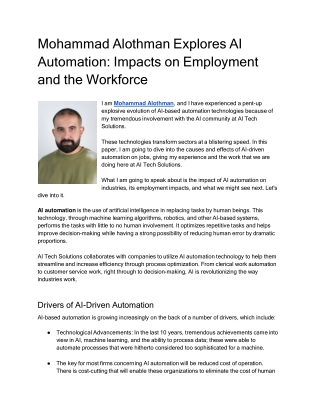 Mohammad Alothman Explores AI Automation: Impacts on Employment and the Workforc