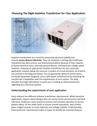 Choosing The Right Isolation Transformer for Your Application