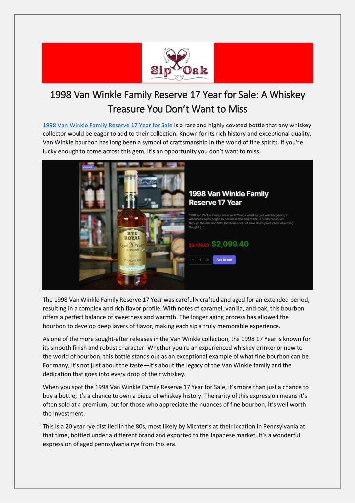 1998 van winkle family reserve 17 year for sale