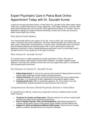Expert Mental Health Care with Patna Psychiatry Dr.Saurabh Kumar