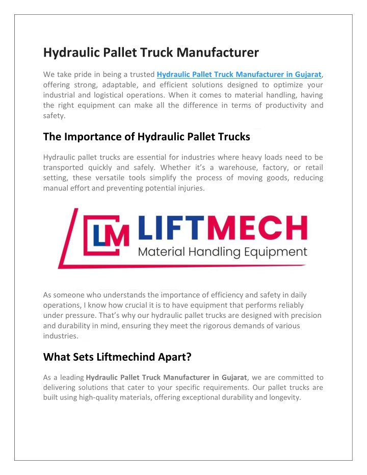 hydraulic pallet truck manufacturer