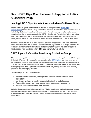Best HDPE Pipe Manufacturer & Supplier in India - Sudhakar Group