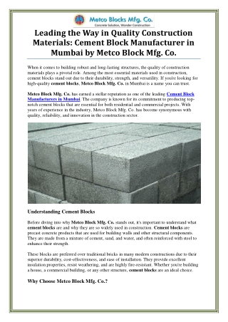 Cement Block Manufacturer in Mumbai - Metco Block Mfg. Co.