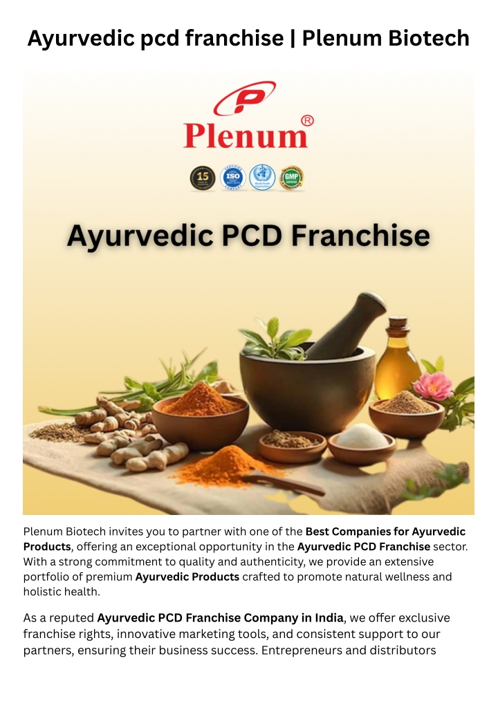 ayurvedic pcd franchise plenum biotech