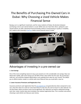 The Benefits of Purchasing Pre-Owned Cars in Dubai Why Choosing a Used Vehicle Makes Financial Sense