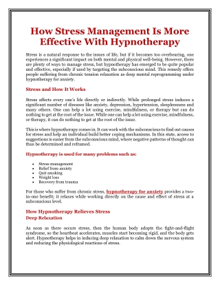 How Stress Management Is More Effective With Hypnotherapy