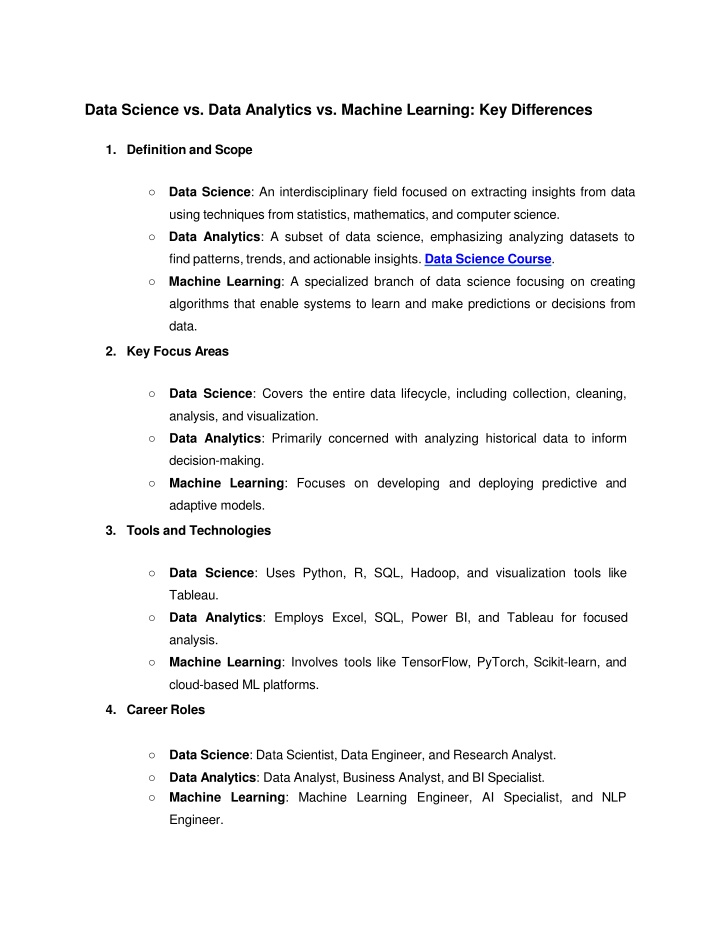 data science vs data analytics vs machine