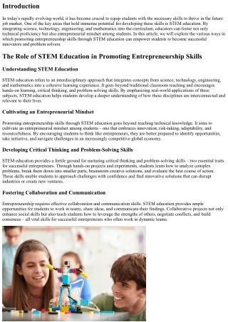 Promoting Entrepreneurship Skills through STEM Education