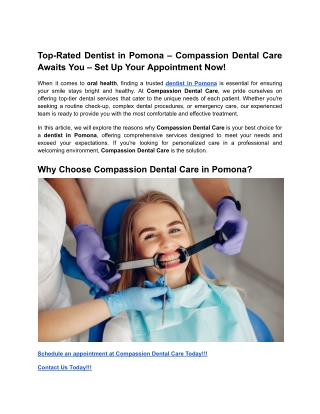 Top-Rated Dentist in Pomona – Compassion Dental Care Awaits You – Set Up Your Appointment Now