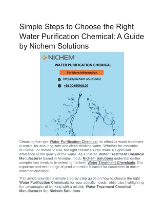 Simple Steps to Choose the Right Water Purification Chemical