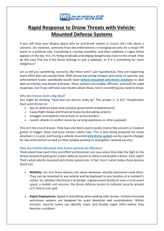 Rapid Response to Drone Threats with Vehicle-Mounted Defense Systems