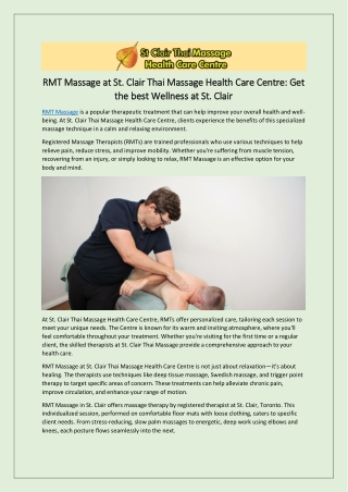 RMT Massage at St. Clair Thai Massage Health Care Centre: Get the best Wellness