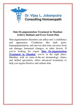 Skin De-pigmentation Treatment in Mumbai Achieve Radiant and EvenToned Skin