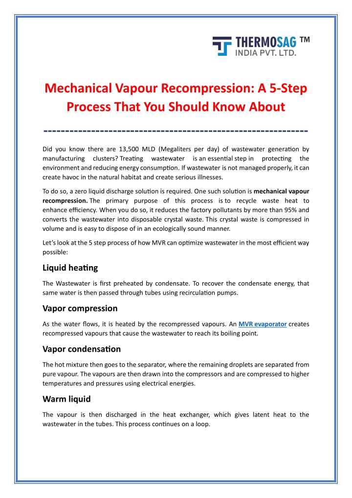 mechanical vapour recompression a 5 step process