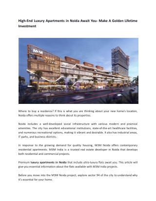 High-End Luxury Apartments in Noida Await You- Make A Golden Lifetime Investment