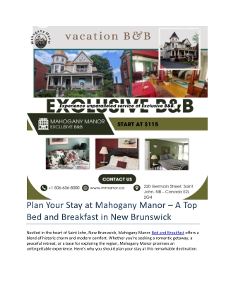 Plan Your Stay at Mahogany Manor – A Top Bed and Breakfast in New Brunswick