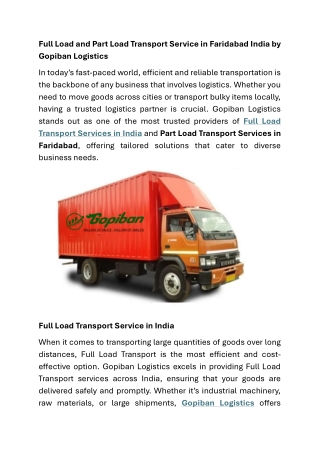 Full Load and Part Load Transport Service in Faridabad India by Gopiban Logistics