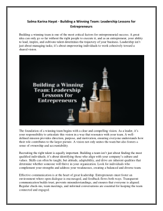 Salma Karina Hayat - Building a Winning Team - Leadership Lessons for Entrepreneurs