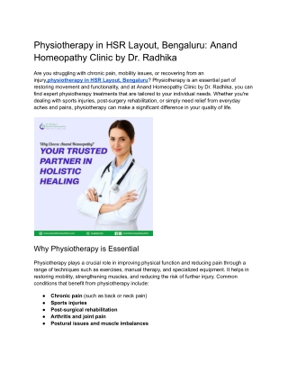 Physiotherapy in HSR Layout, Bengaluru_ Anand Homeopathy Clinic by Dr