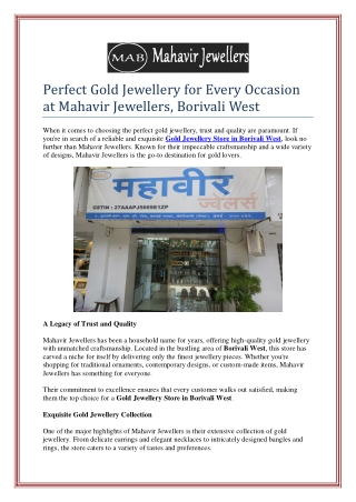 Perfect Gold Jewellery for Every Occasion at Mahavir Jewellers, Borivali West
