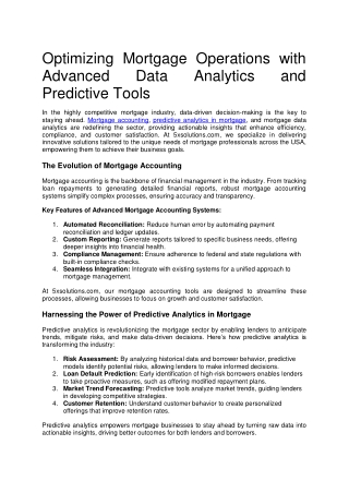 Predictive analytics in mortgage