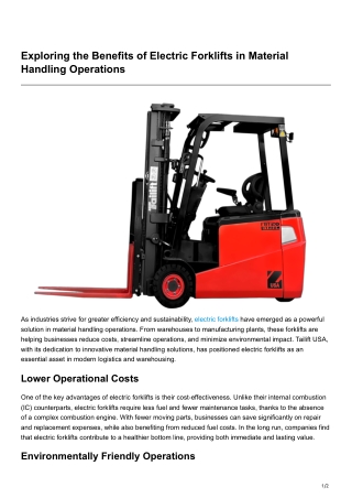 Exploring the Benefits of Electric Forklifts in Material Handling Operations