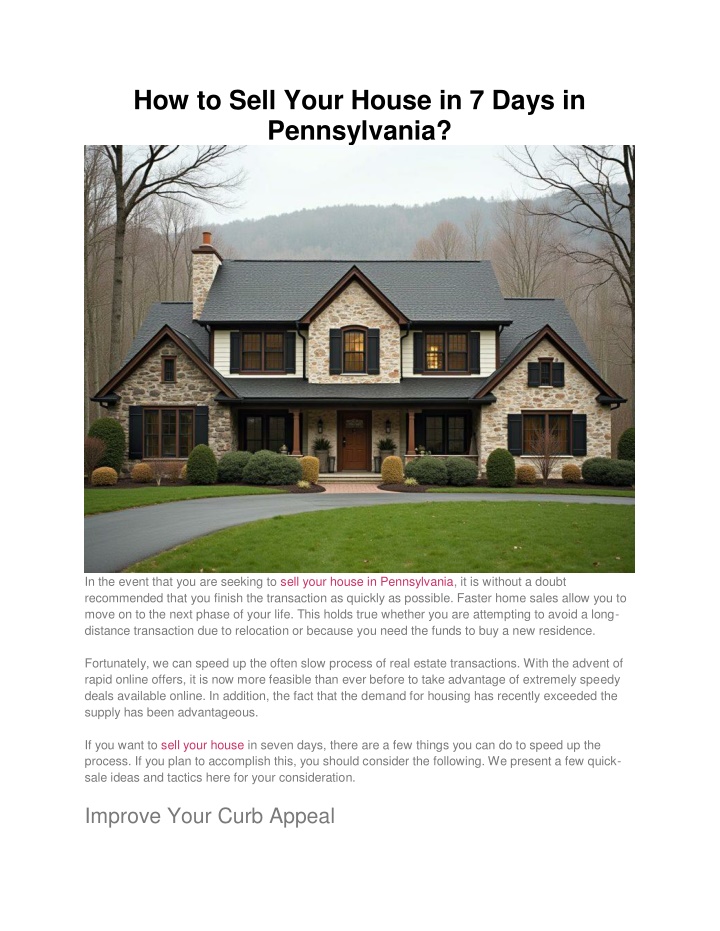 how to sell your house in 7 days in pennsylvania