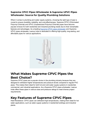 Supreme CPVC Pipes Wholesaler & Supreme UPVC Pipes Wholesaler_ Source for Quality Plumbing Solutions