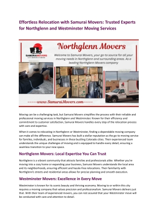 Effortless Relocation with Samurai Movers Trusted Experts for Northglenn and Westminster Moving Services